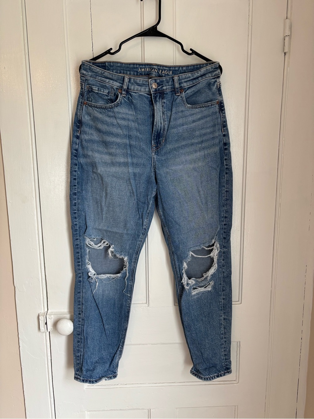 American Eagle High Rise Light Blue Distressed Mom Jeans